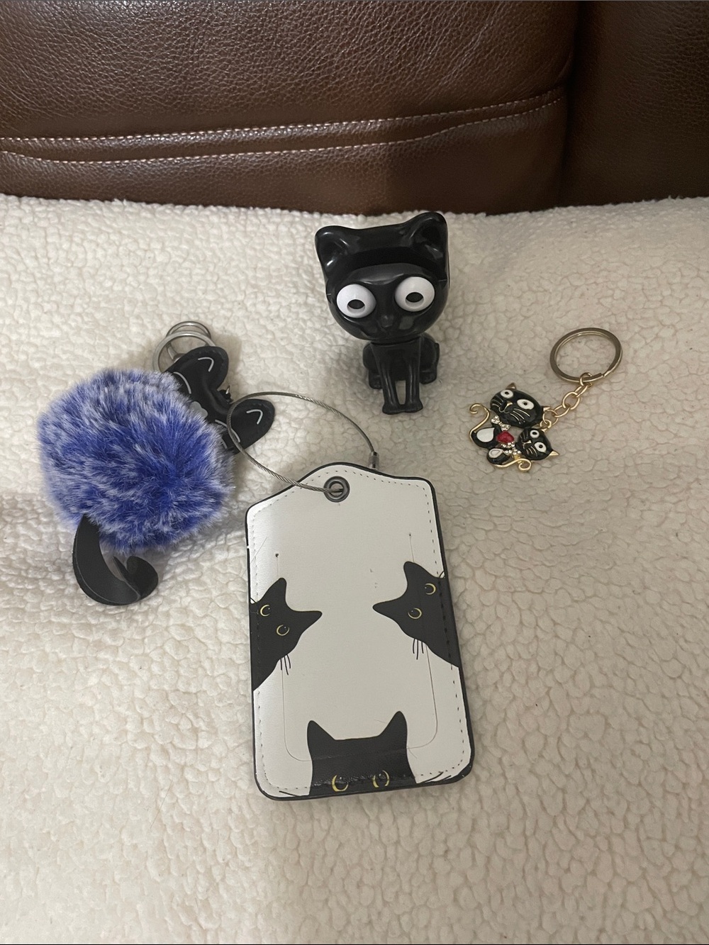 Black Cat-Themed Accessory Set with Blue Pom Pom 4 items